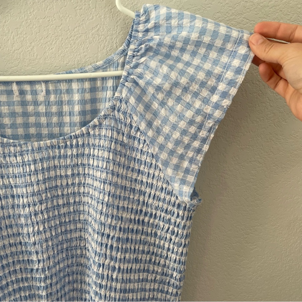 Chloe + Rene Blue/White Gingham Smocked Sundress Large Flutter Sleeve Dress - Picture 4 of 10